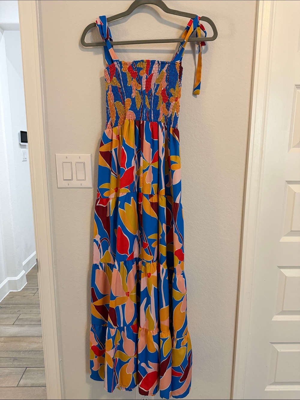 Colorful Floral Smocked Maxi Dress - Blue, Yellow, Pink